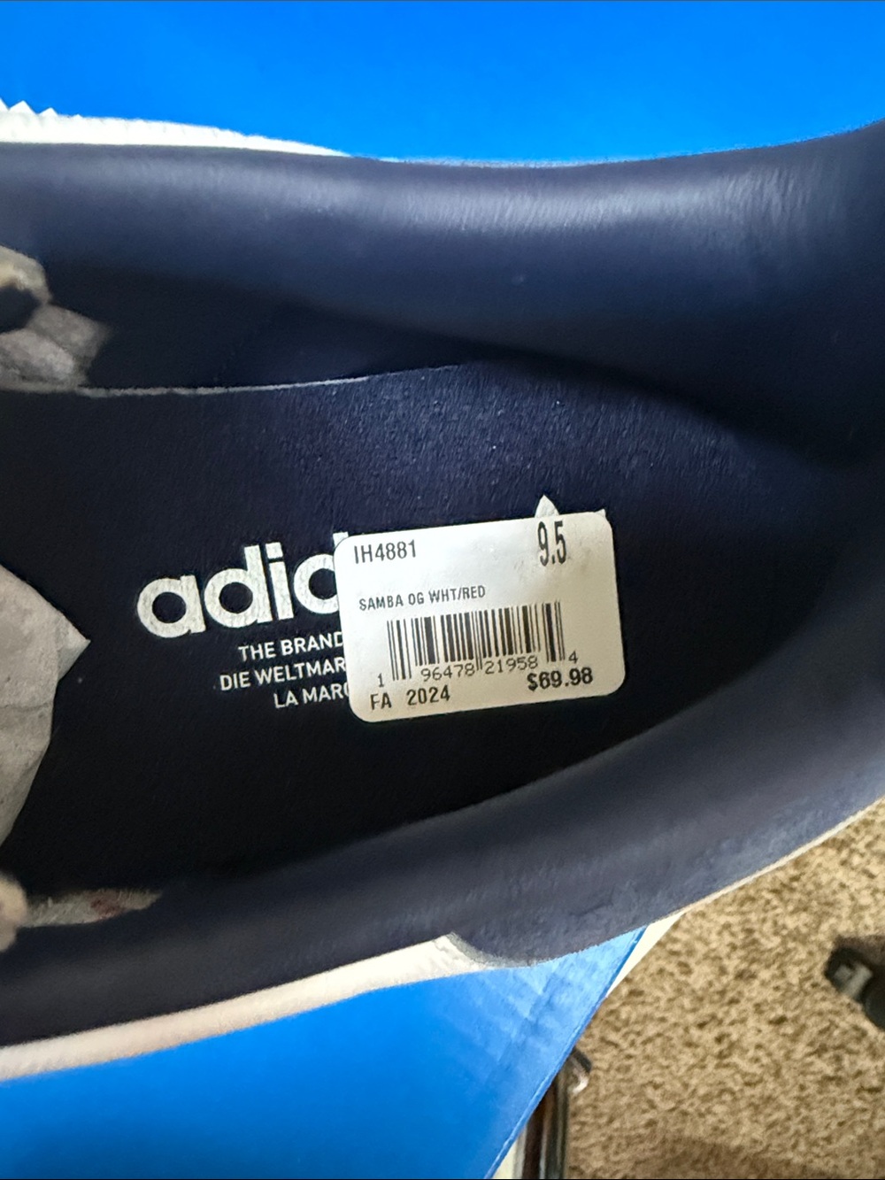 adidas Samba White Red Leather Sneakers with Navy Collar - Picture 2 of 2